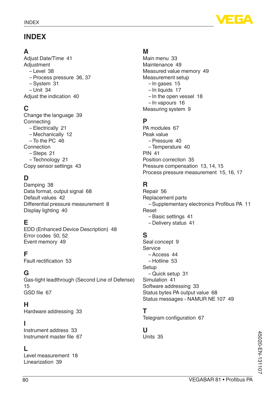 Index | VEGA VEGABAR 81 Profibus PA - Operating Instructions User Manual | Page 80 / 84