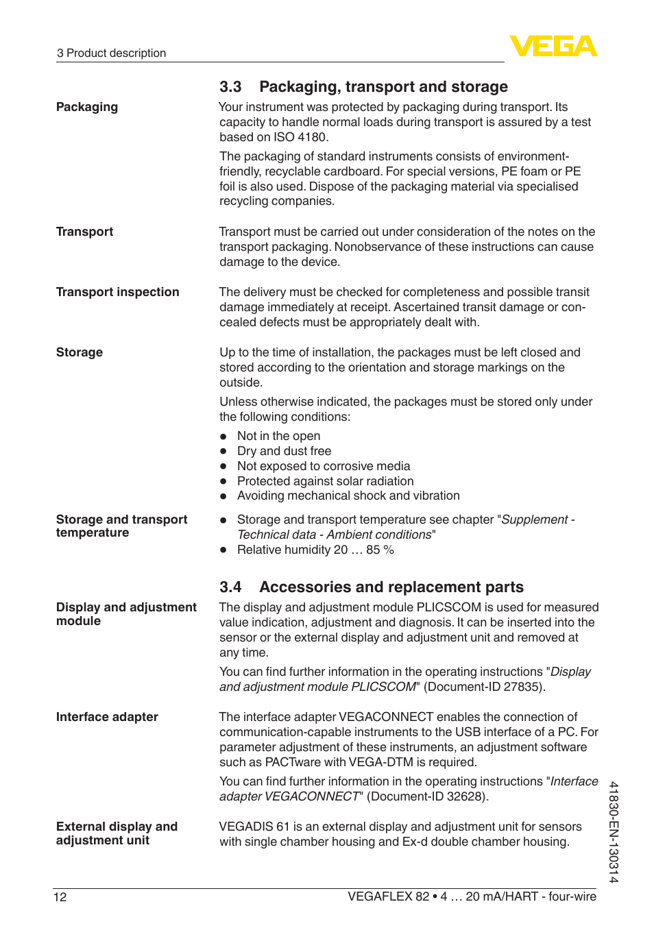 VEGA VEGAFLEX 82 4 … 20 mA_HART four-wire User Manual | Page 12 / 84
