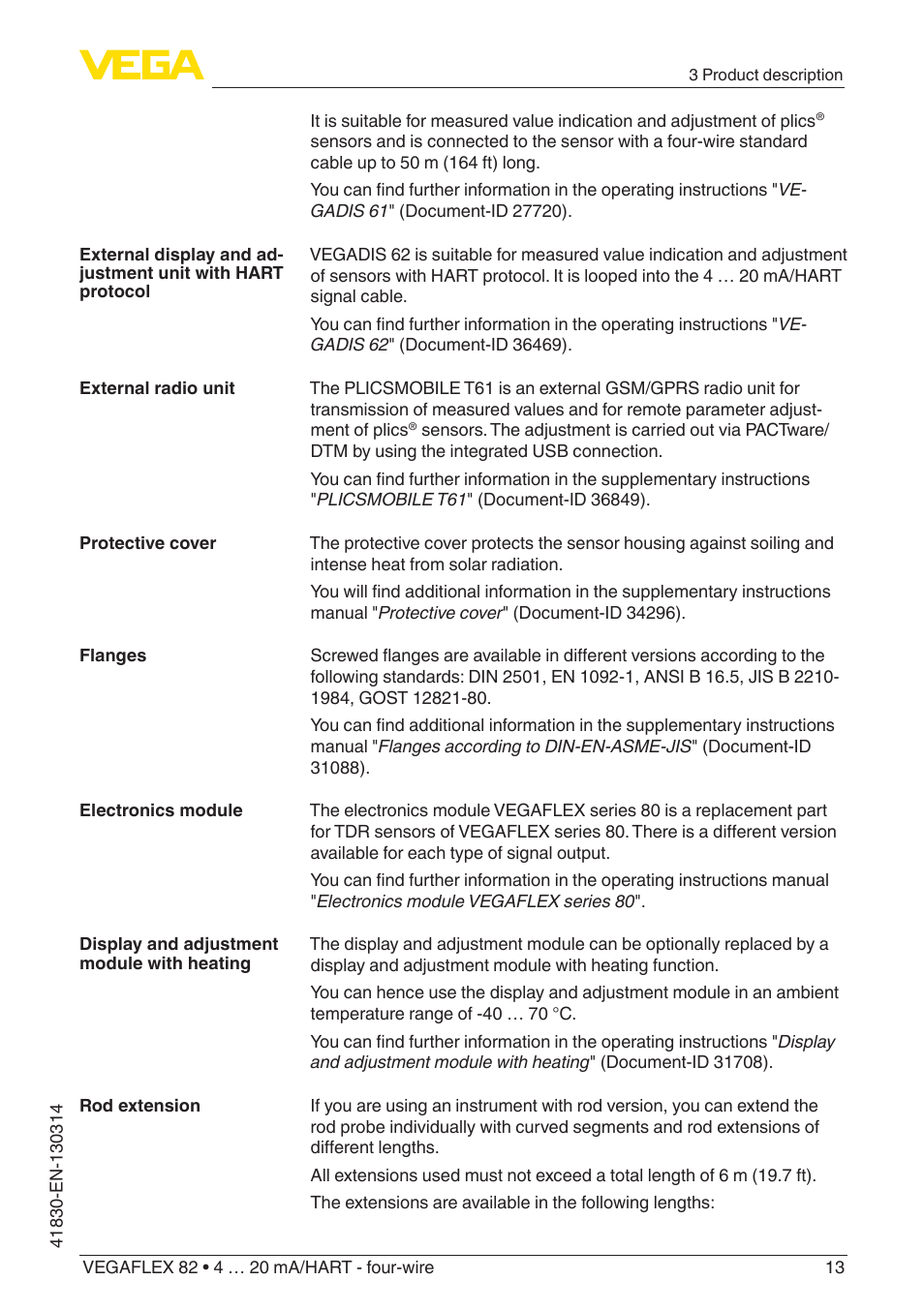 VEGA VEGAFLEX 82 4 … 20 mA_HART four-wire User Manual | Page 13 / 84