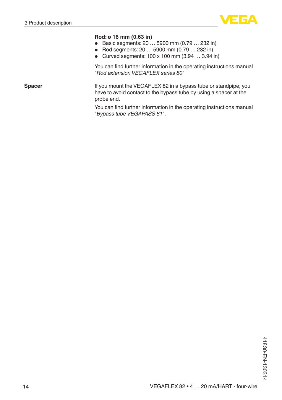 VEGA VEGAFLEX 82 4 … 20 mA_HART four-wire User Manual | Page 14 / 84