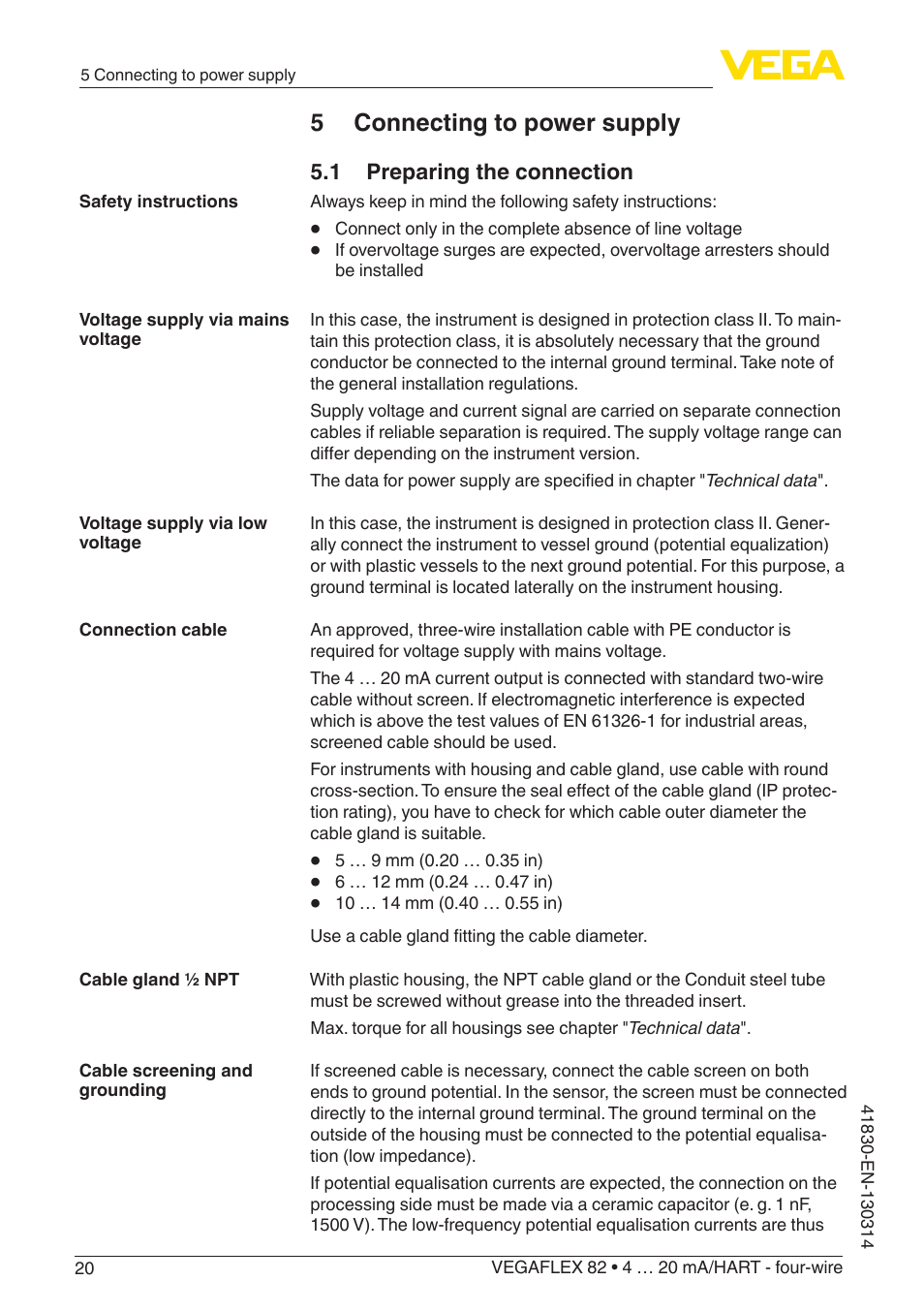 5 connecting to power supply | VEGA VEGAFLEX 82 4 … 20 mA_HART four-wire User Manual | Page 20 / 84