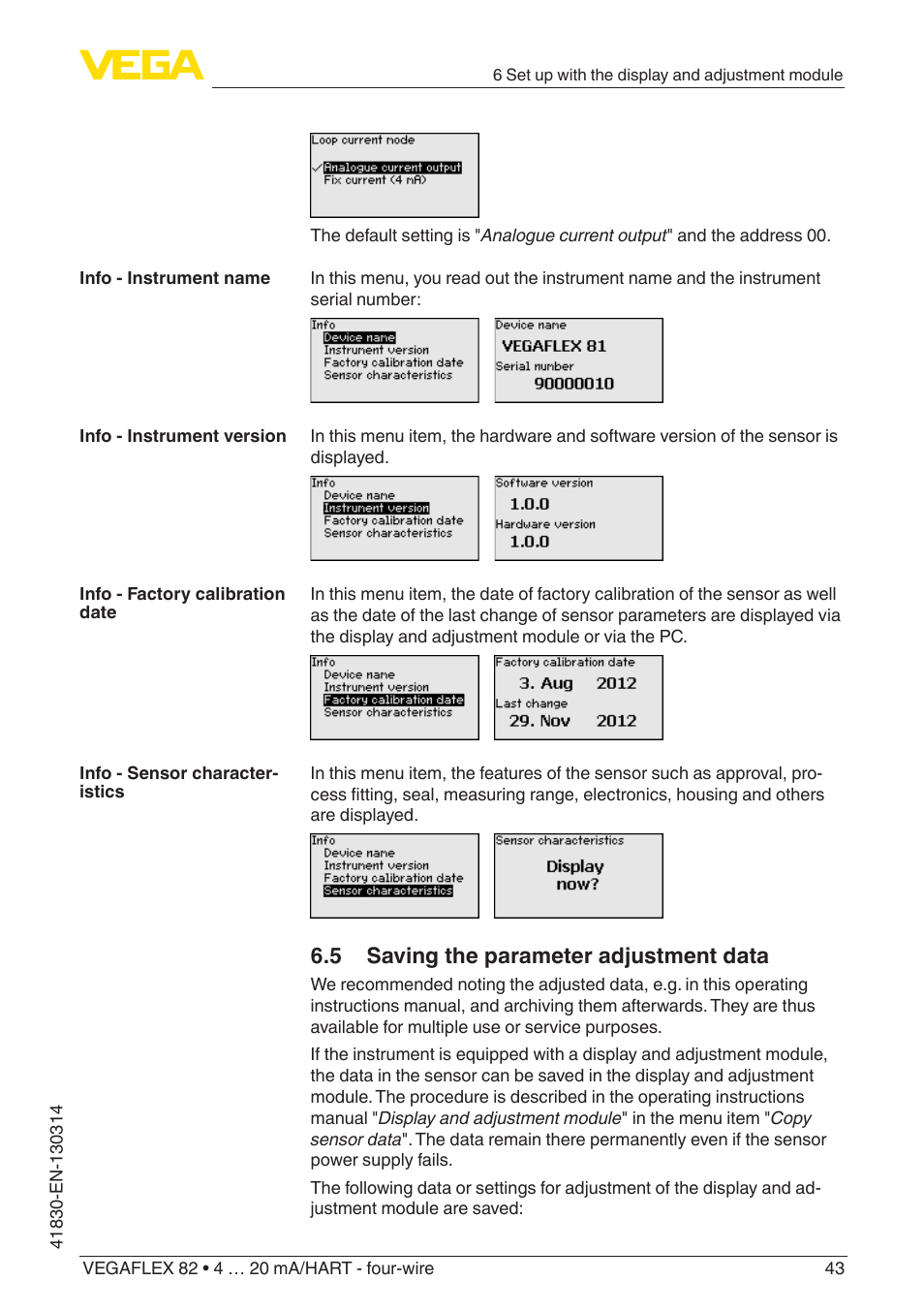 5 saving the parameter adjustment data | VEGA VEGAFLEX 82 4 … 20 mA_HART four-wire User Manual | Page 43 / 84