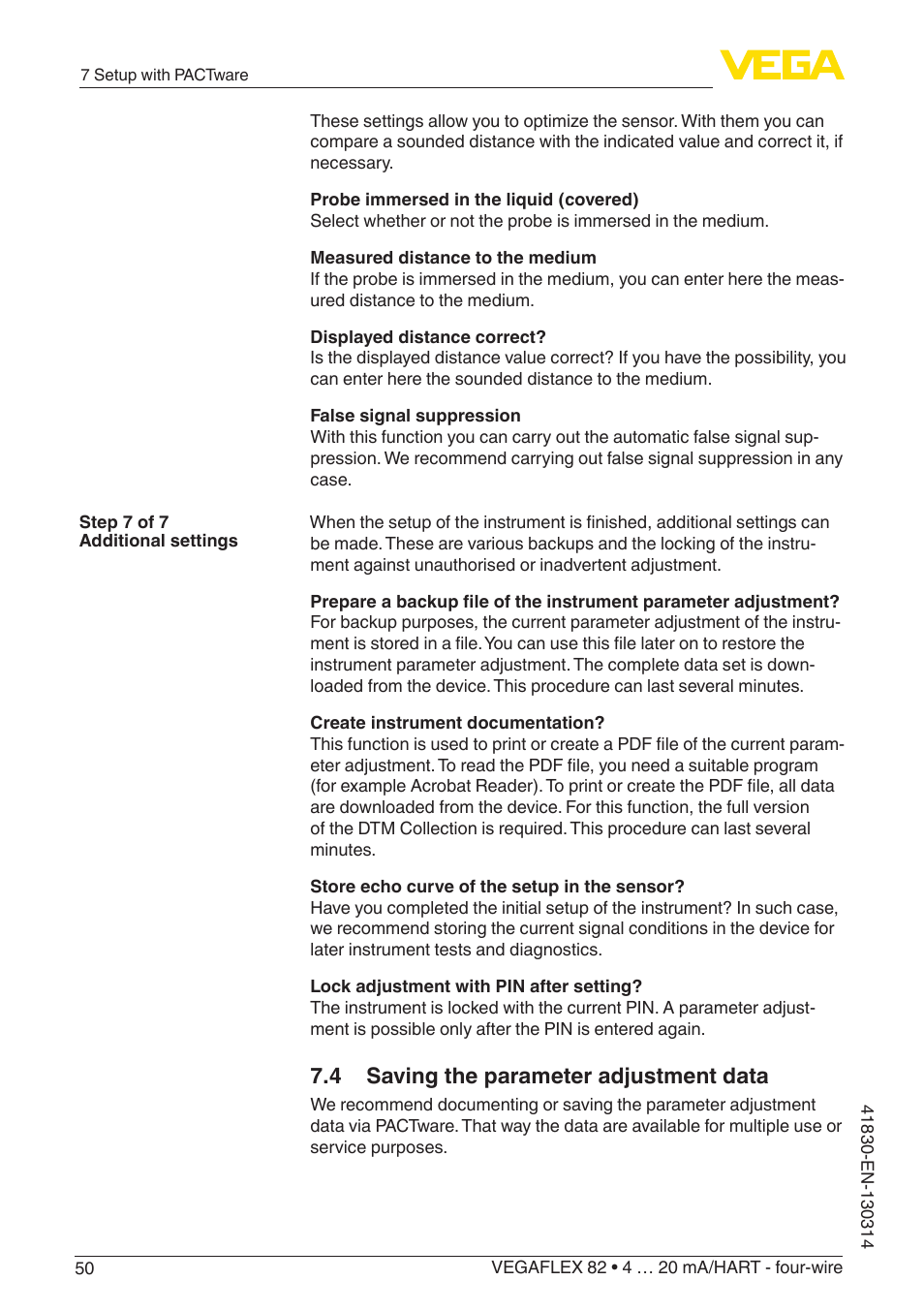 4 saving the parameter adjustment data | VEGA VEGAFLEX 82 4 … 20 mA_HART four-wire User Manual | Page 50 / 84