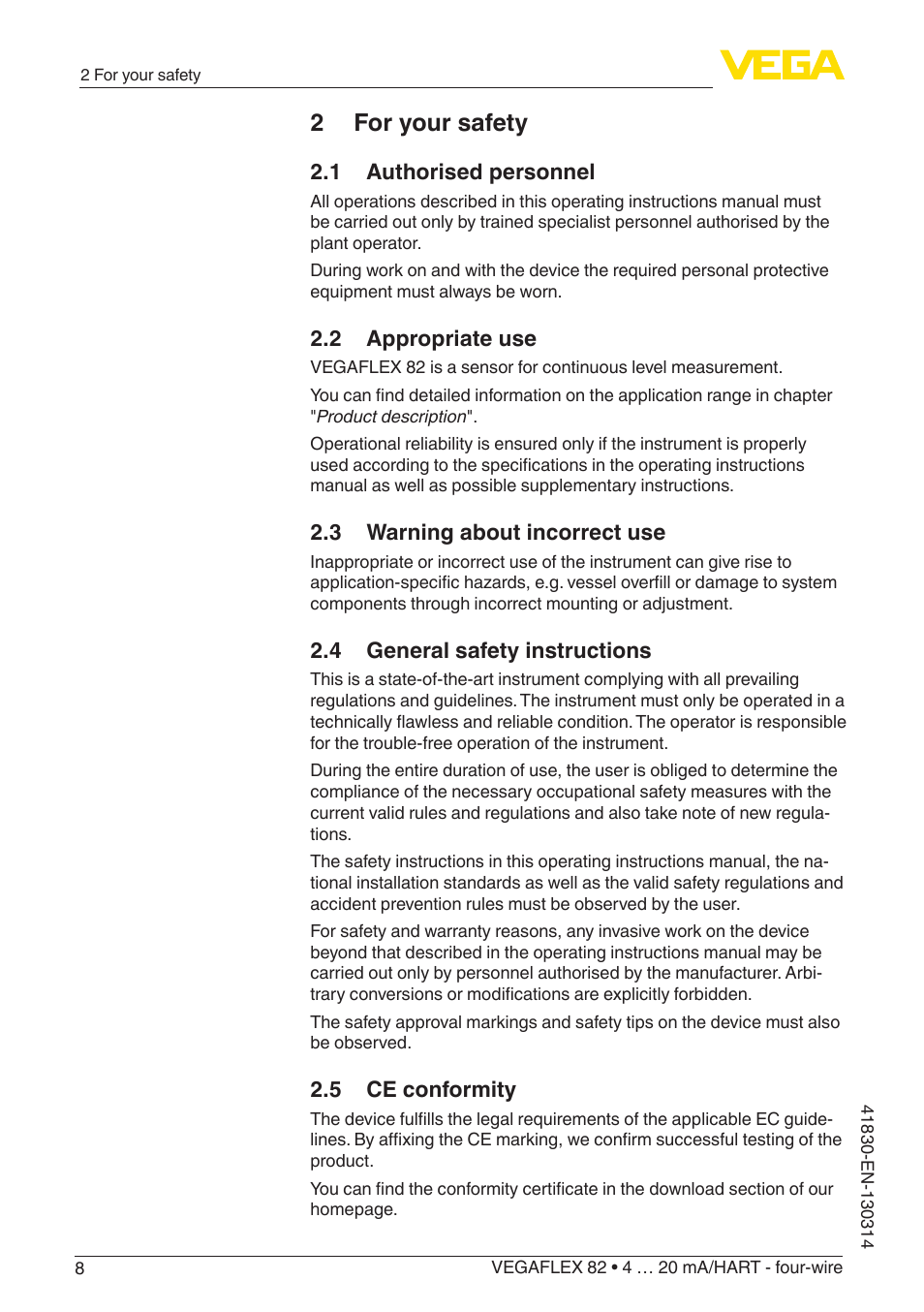 2 for your safety | VEGA VEGAFLEX 82 4 … 20 mA_HART four-wire User Manual | Page 8 / 84