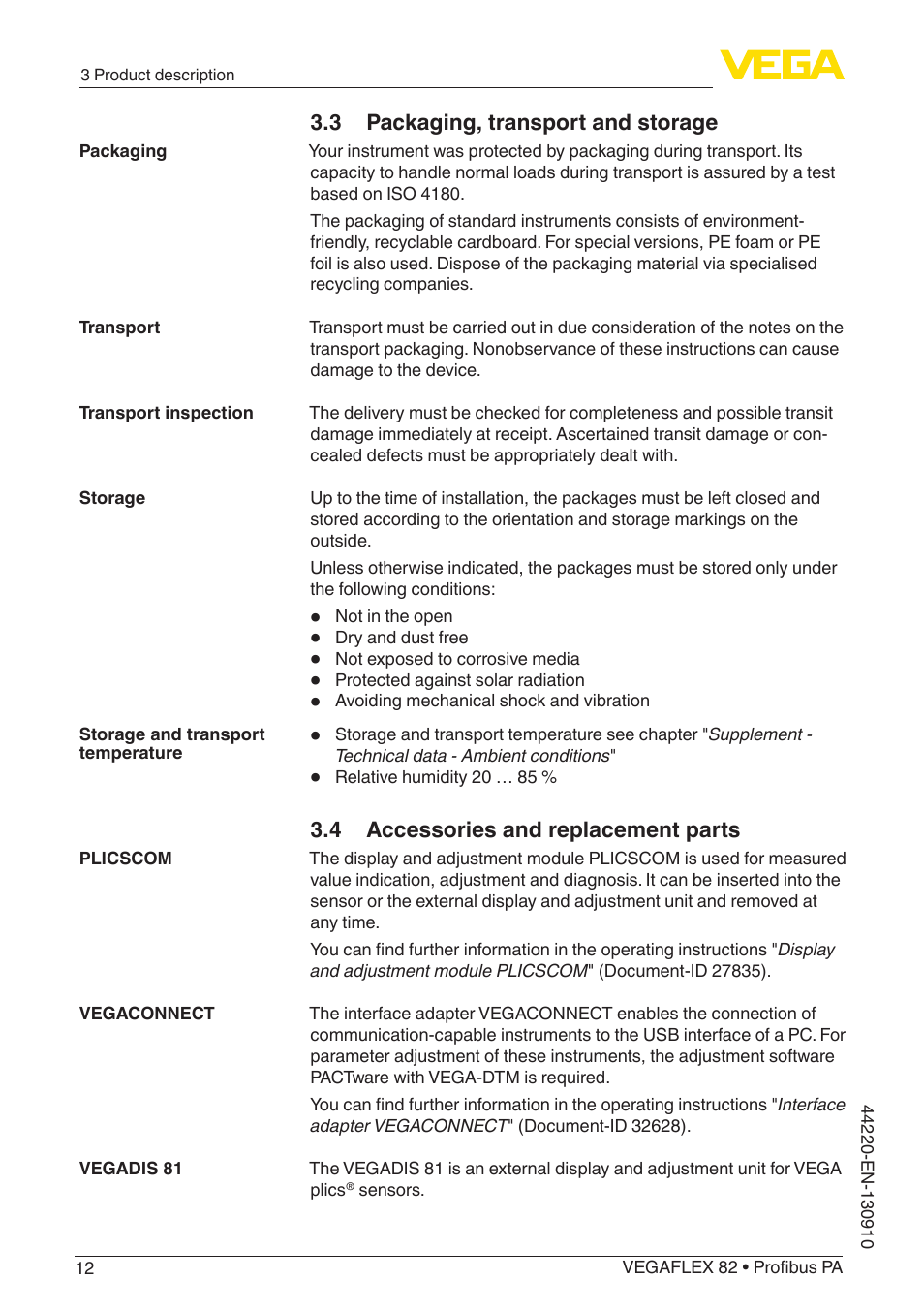 3 packaging, transport and storage, 4 accessories and replacement parts | VEGA VEGAFLEX 82 Profibus PA User Manual | Page 12 / 100