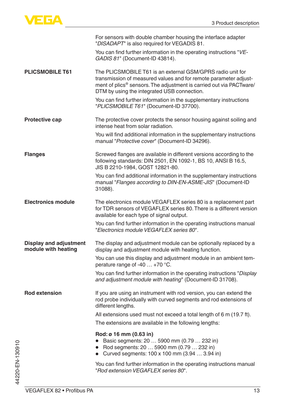 VEGA VEGAFLEX 82 Profibus PA User Manual | Page 13 / 100