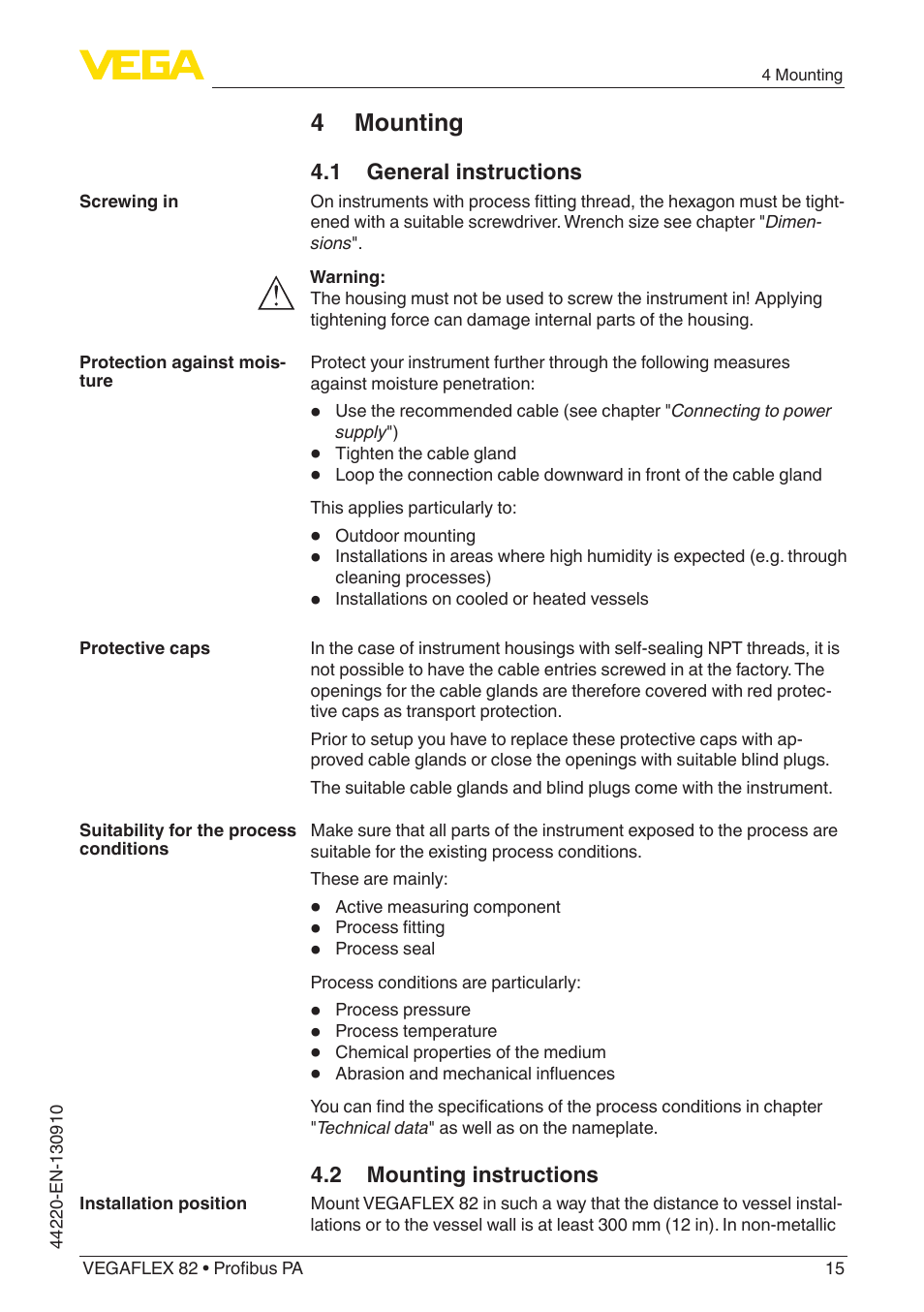 4 mounting, 1 general instructions, 2 mounting instructions | VEGA VEGAFLEX 82 Profibus PA User Manual | Page 15 / 100