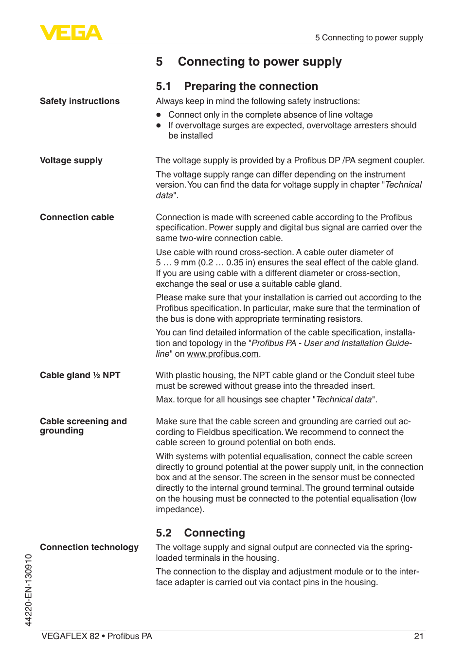 5 connecting to power supply, 1 preparing the connection, 2 connecting | VEGA VEGAFLEX 82 Profibus PA User Manual | Page 21 / 100