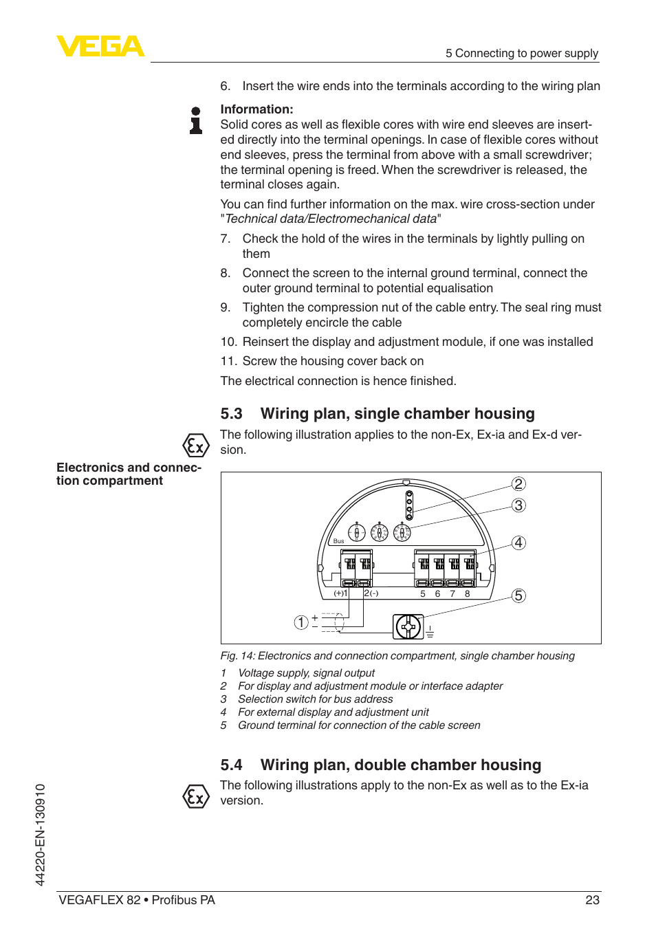 3 wiring plan, single chamber housing, 4 wiring plan, double chamber housing, 5 connecting to power supply | VEGA VEGAFLEX 82 Profibus PA User Manual | Page 23 / 100