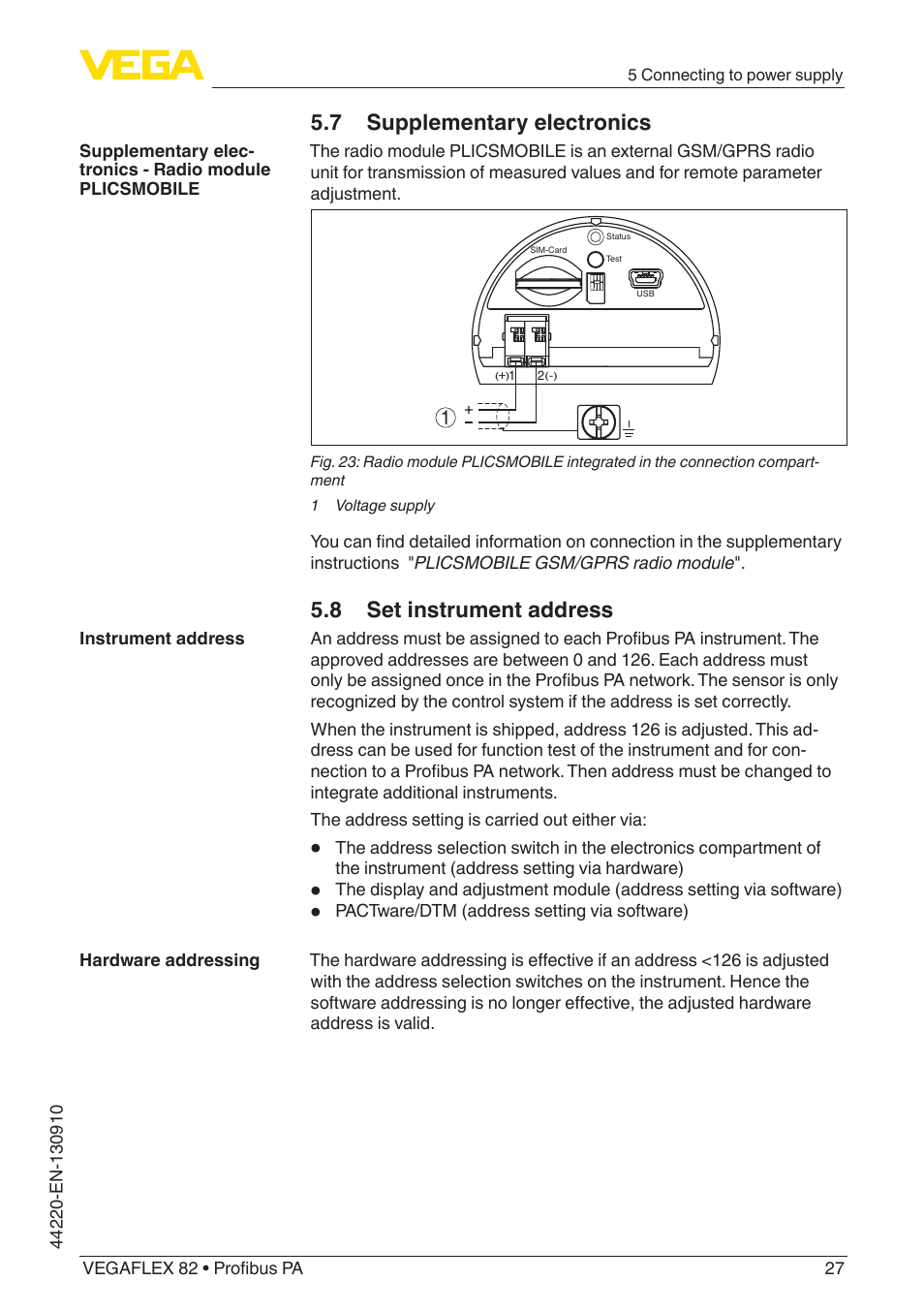 7 supplementary electronics, 8 set instrument address | VEGA VEGAFLEX 82 Profibus PA User Manual | Page 27 / 100
