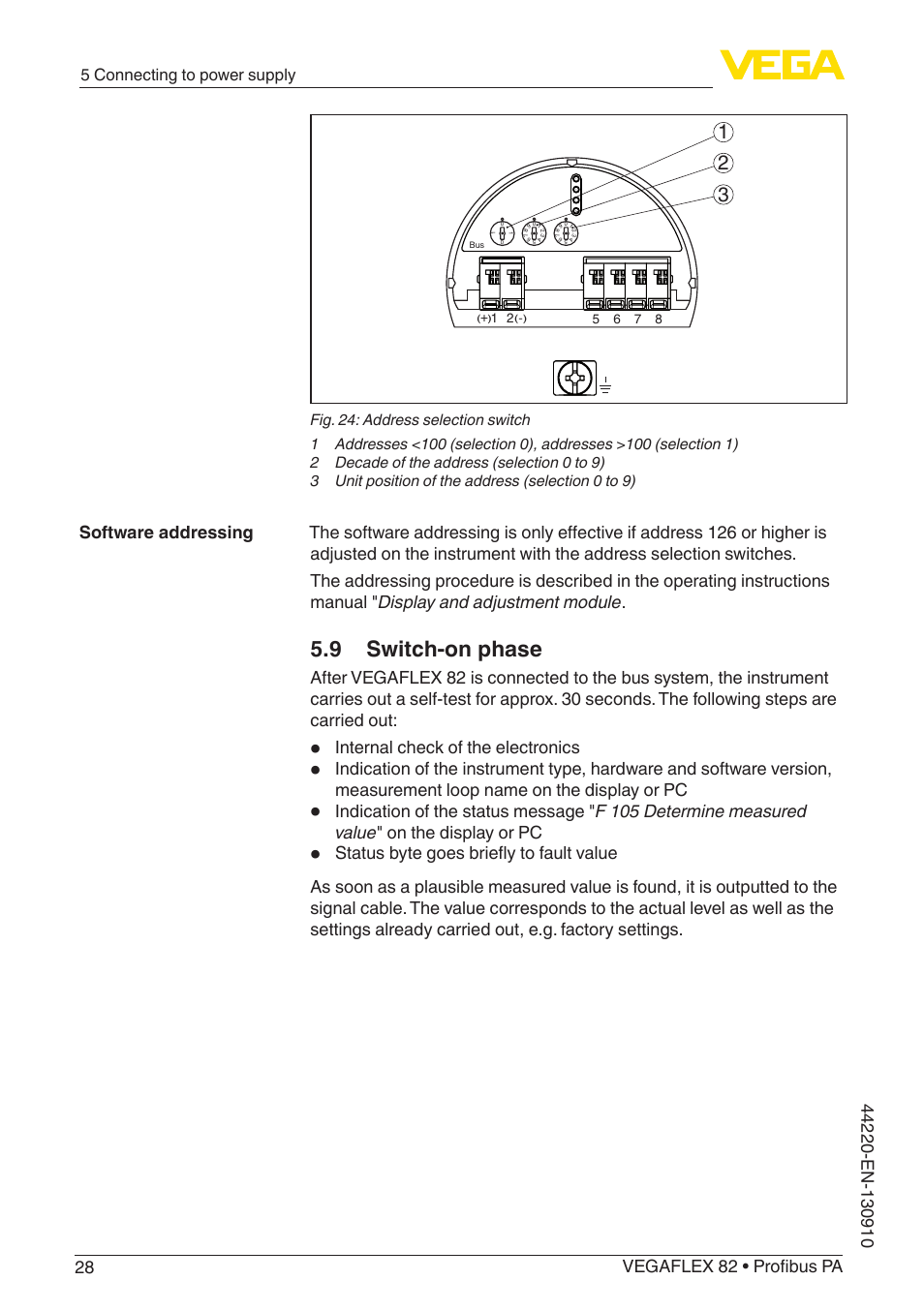 9 switch-on phase, Internal check of the electronics, 5 connecting to power supply | VEGA VEGAFLEX 82 Profibus PA User Manual | Page 28 / 100