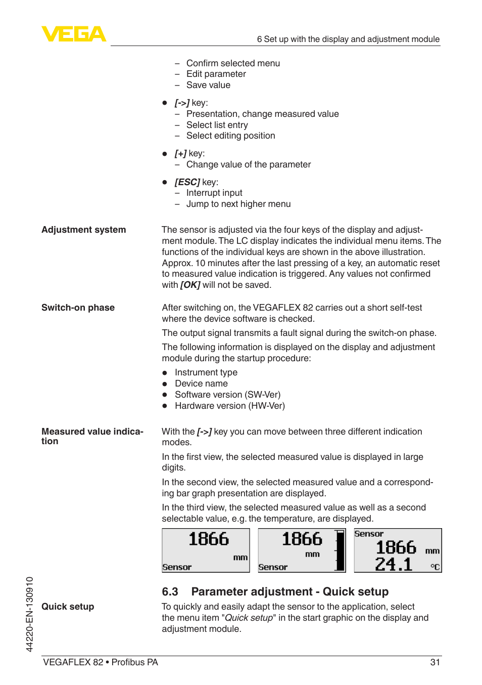 3 parameter adjustment - quick setup | VEGA VEGAFLEX 82 Profibus PA User Manual | Page 31 / 100