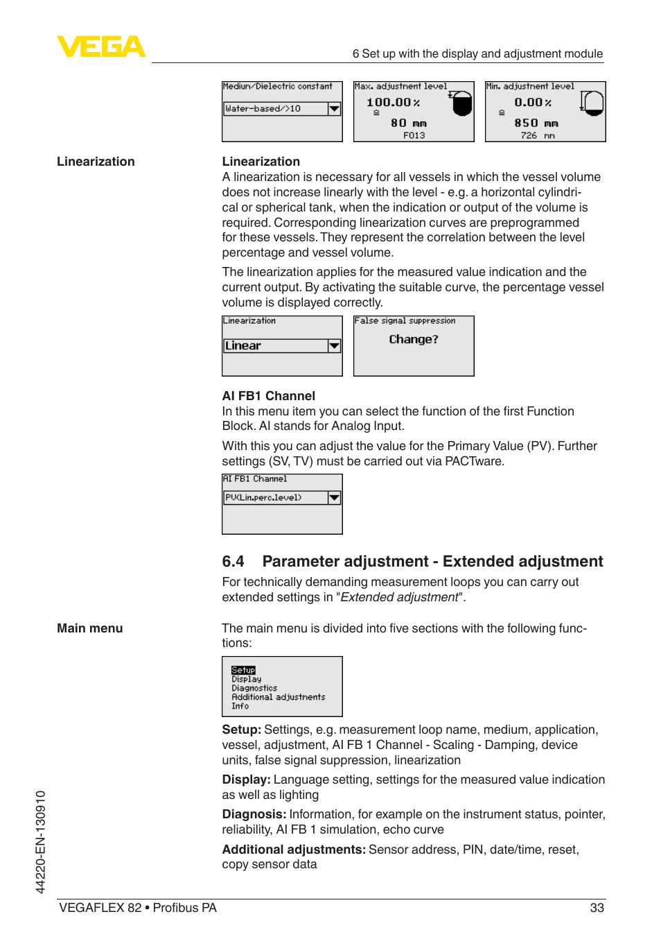 4 parameter adjustment - extended adjustment | VEGA VEGAFLEX 82 Profibus PA User Manual | Page 33 / 100