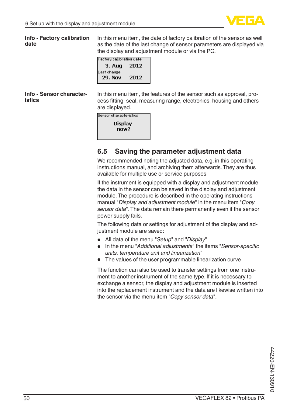 5 saving the parameter adjustment data | VEGA VEGAFLEX 82 Profibus PA User Manual | Page 50 / 100