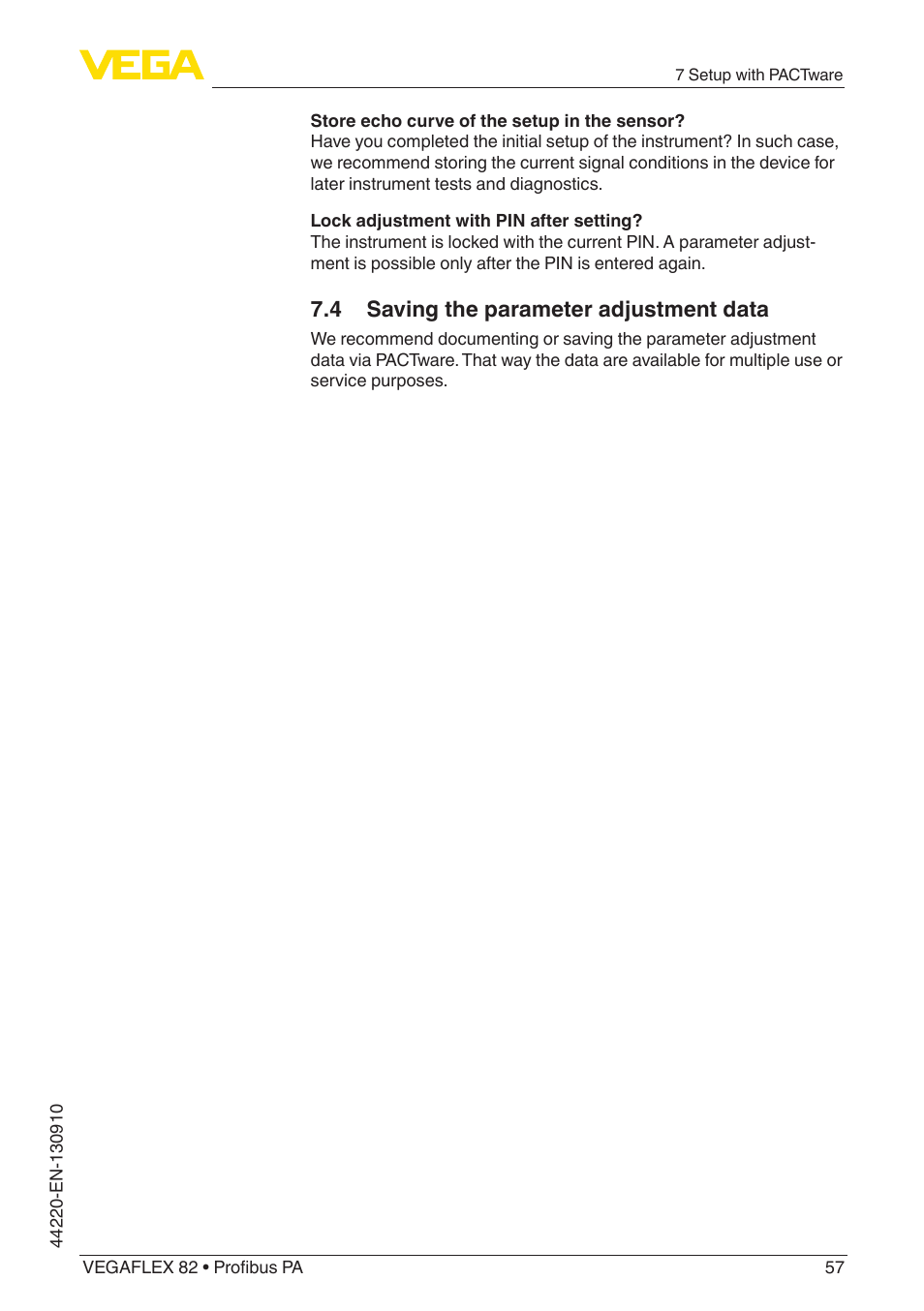 4 saving the parameter adjustment data | VEGA VEGAFLEX 82 Profibus PA User Manual | Page 57 / 100