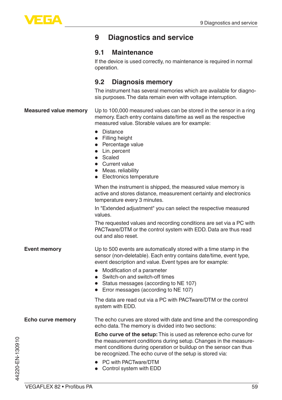 9 diagnostics and service, 1 maintenance, 2 diagnosis memory | VEGA VEGAFLEX 82 Profibus PA User Manual | Page 59 / 100