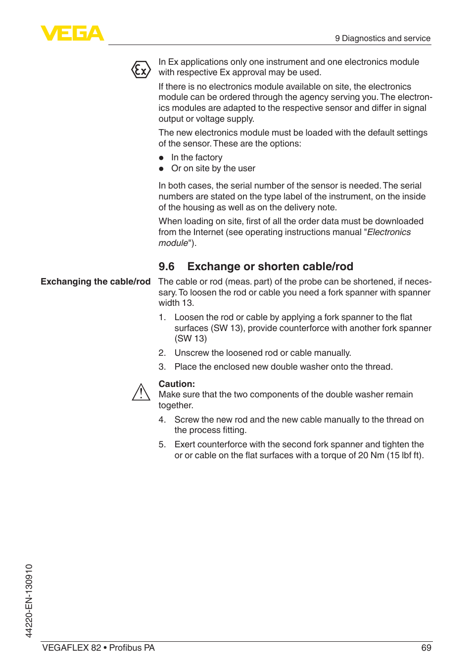 6 exchange or shorten cable/rod | VEGA VEGAFLEX 82 Profibus PA User Manual | Page 69 / 100