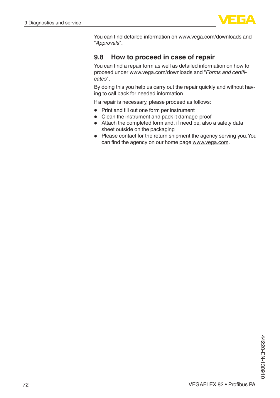 8 how to proceed in case of repair | VEGA VEGAFLEX 82 Profibus PA User Manual | Page 72 / 100
