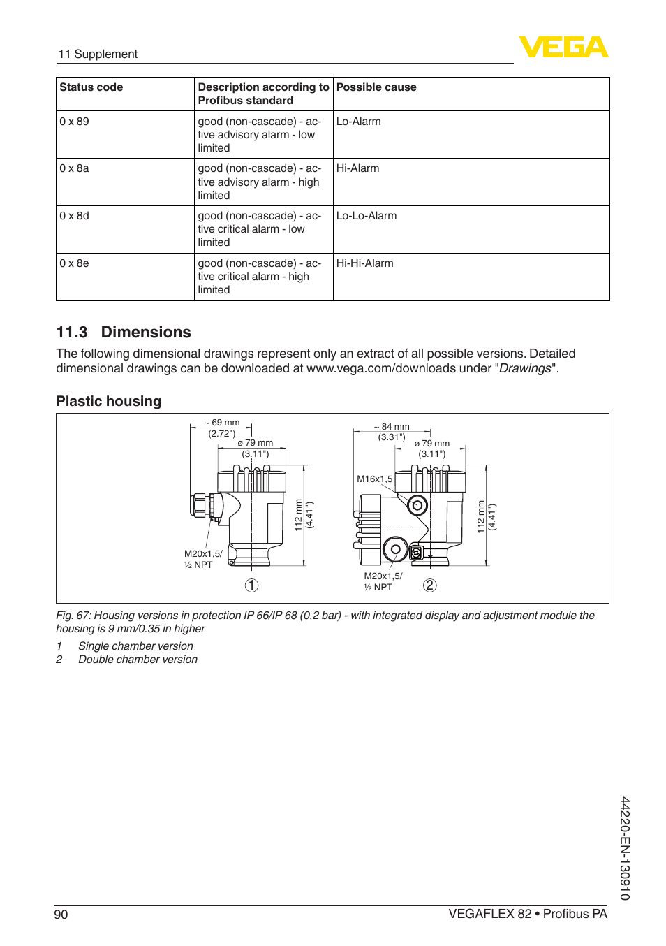 3 dimensions, Plastic housing | VEGA VEGAFLEX 82 Profibus PA User Manual | Page 90 / 100