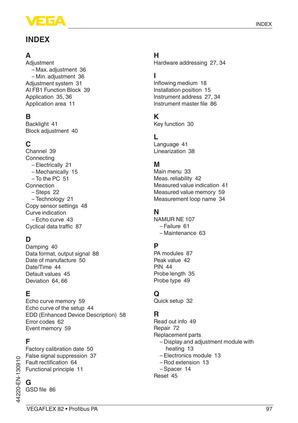 Index | VEGA VEGAFLEX 82 Profibus PA User Manual | Page 97 / 100