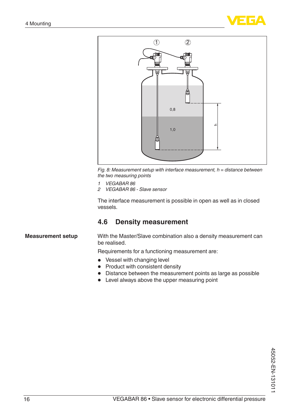 6 density measurement | VEGA VEGABAR 86 Save sensor - Operating Instructions User Manual | Page 16 / 60