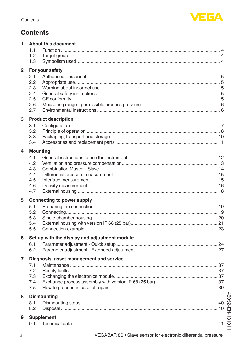 VEGA VEGABAR 86 Save sensor - Operating Instructions User Manual | Page 2 / 60