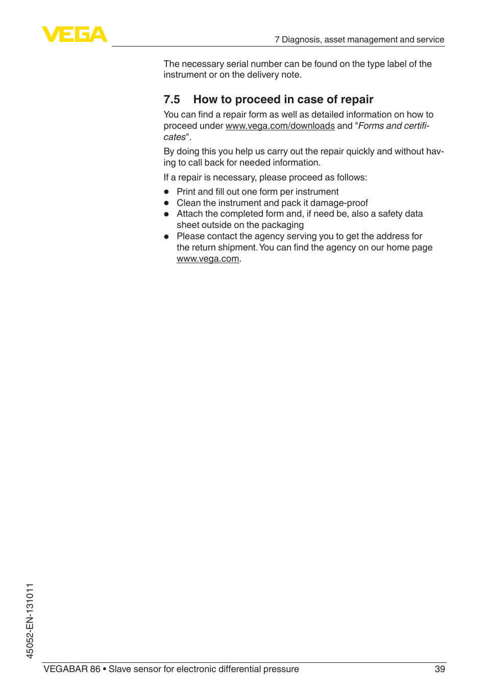 5 how to proceed in case of repair | VEGA VEGABAR 86 Save sensor - Operating Instructions User Manual | Page 39 / 60