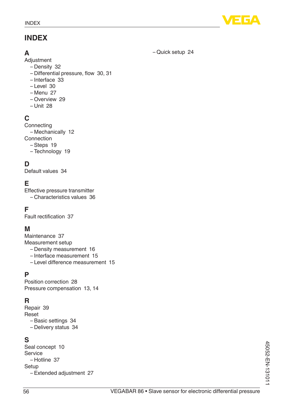 Index | VEGA VEGABAR 86 Save sensor - Operating Instructions User Manual | Page 56 / 60