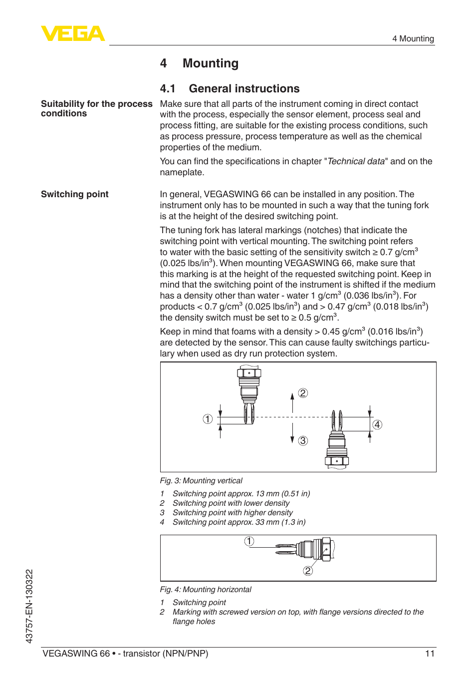 4 mounting, 1 general instructions | VEGA VEGASWING 66 - transistor (NPN-PNP) User Manual | Page 11 / 40