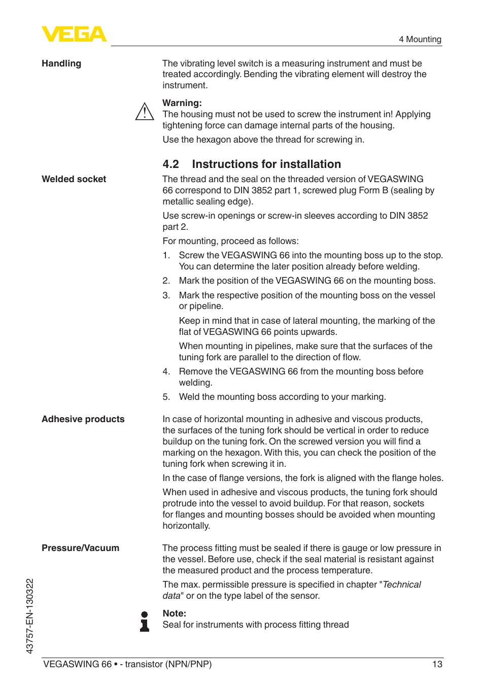 2 instructions for installation | VEGA VEGASWING 66 - transistor (NPN-PNP) User Manual | Page 13 / 40