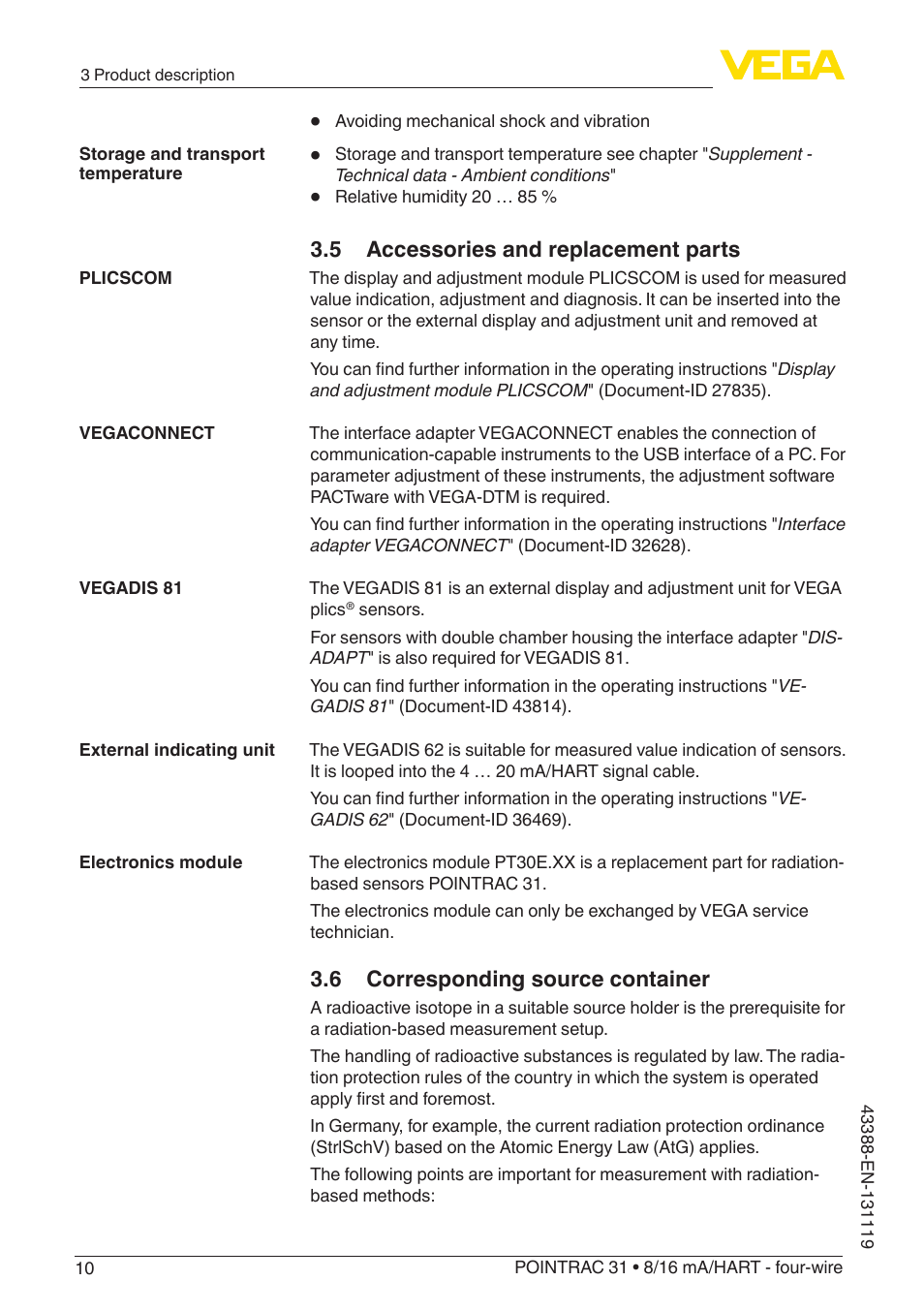 5 accessories and replacement parts, 6 corresponding source container | VEGA POINTRAC 31 8_16 mA_HART - four-wire With SIL qualification User Manual | Page 10 / 60