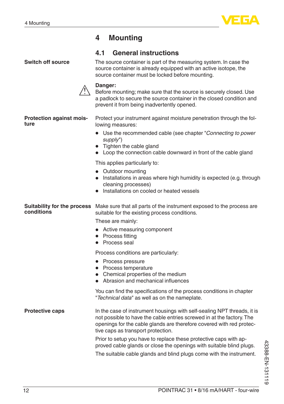 4 mounting, 1 general instructions | VEGA POINTRAC 31 8_16 mA_HART - four-wire With SIL qualification User Manual | Page 12 / 60