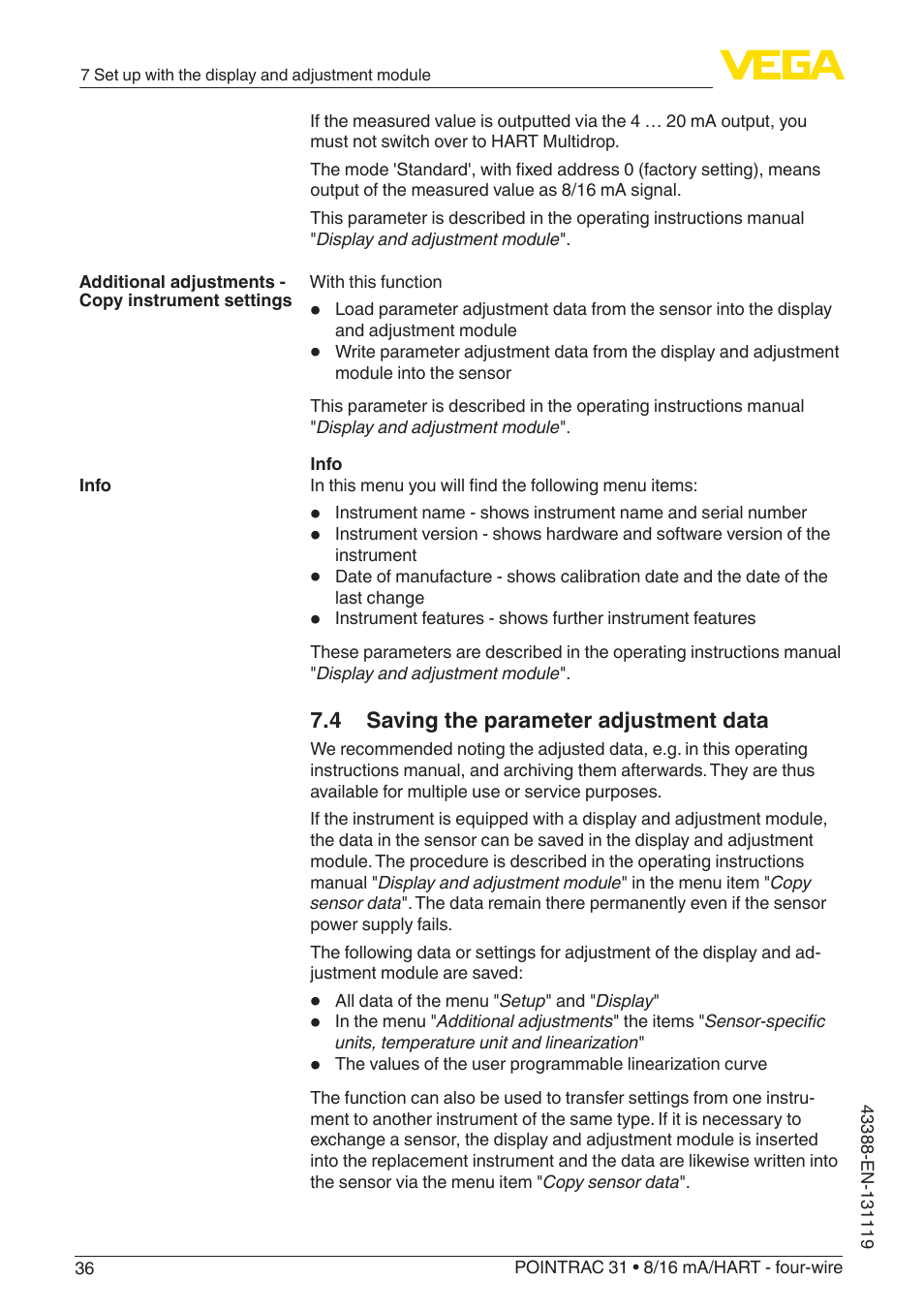 4 saving the parameter adjustment data | VEGA POINTRAC 31 8_16 mA_HART - four-wire With SIL qualification User Manual | Page 36 / 60