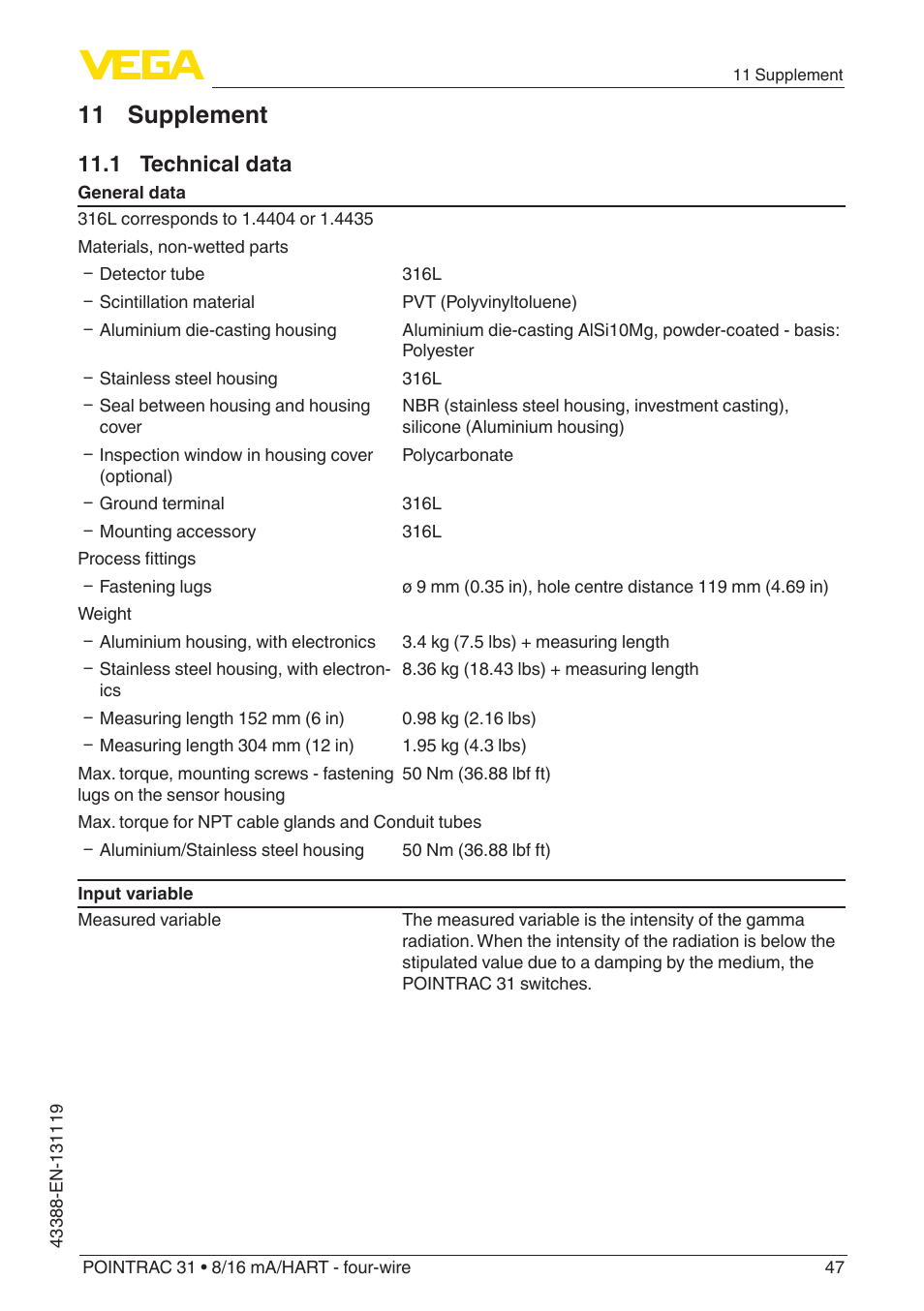 11 supplement, 1 technical data | VEGA POINTRAC 31 8_16 mA_HART - four-wire With SIL qualification User Manual | Page 47 / 60