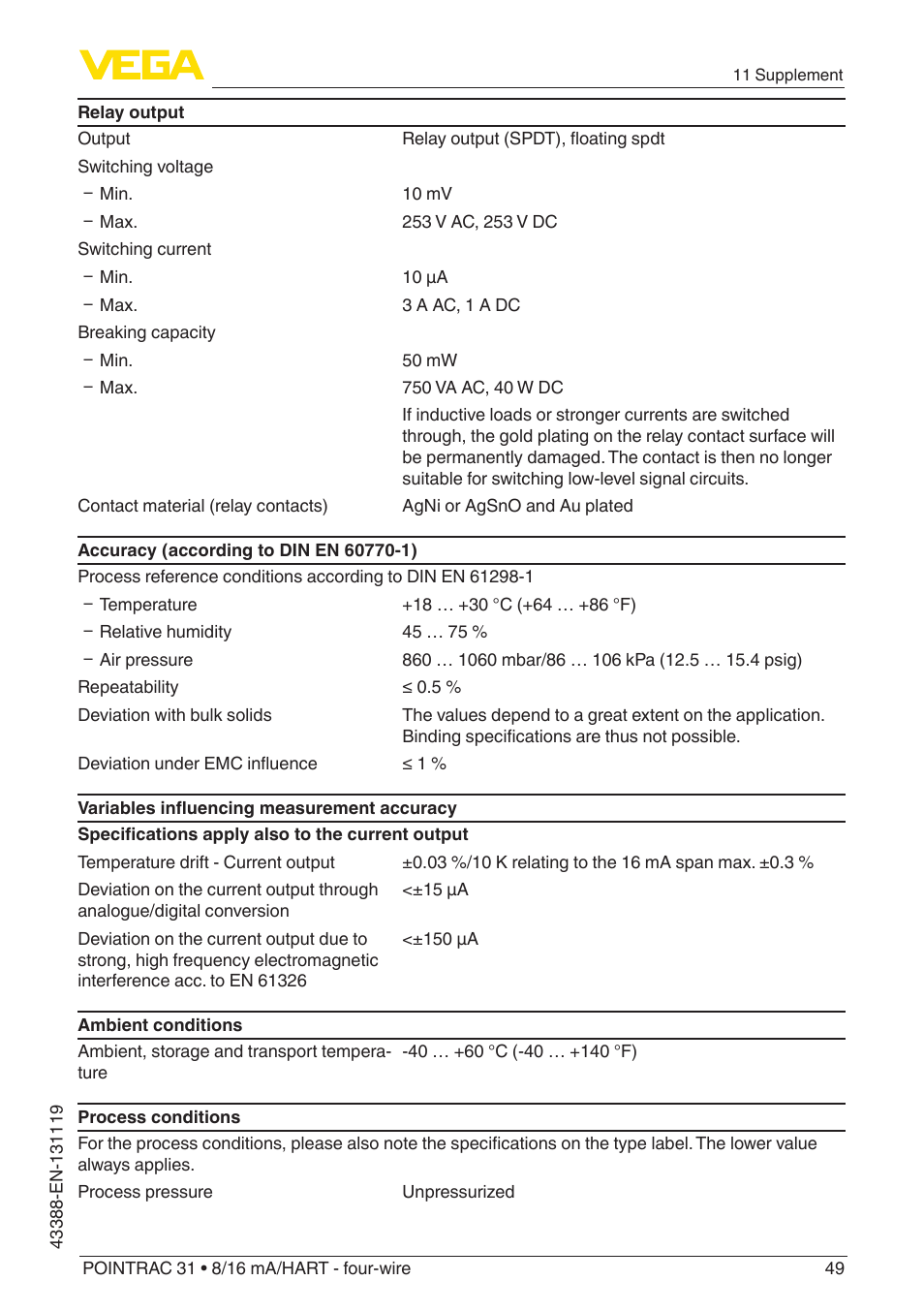 VEGA POINTRAC 31 8_16 mA_HART - four-wire With SIL qualification User Manual | Page 49 / 60