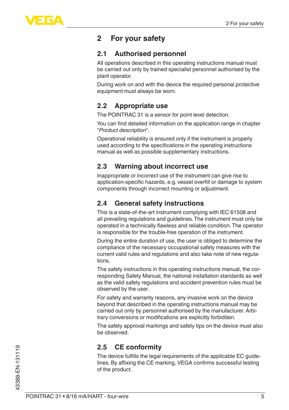 2 for your safety, 1 authorised personnel, 2 appropriate use | 3 warning about incorrect use, 4 general safety instructions, 5 ce conformity | VEGA POINTRAC 31 8_16 mA_HART - four-wire With SIL qualification User Manual | Page 5 / 60