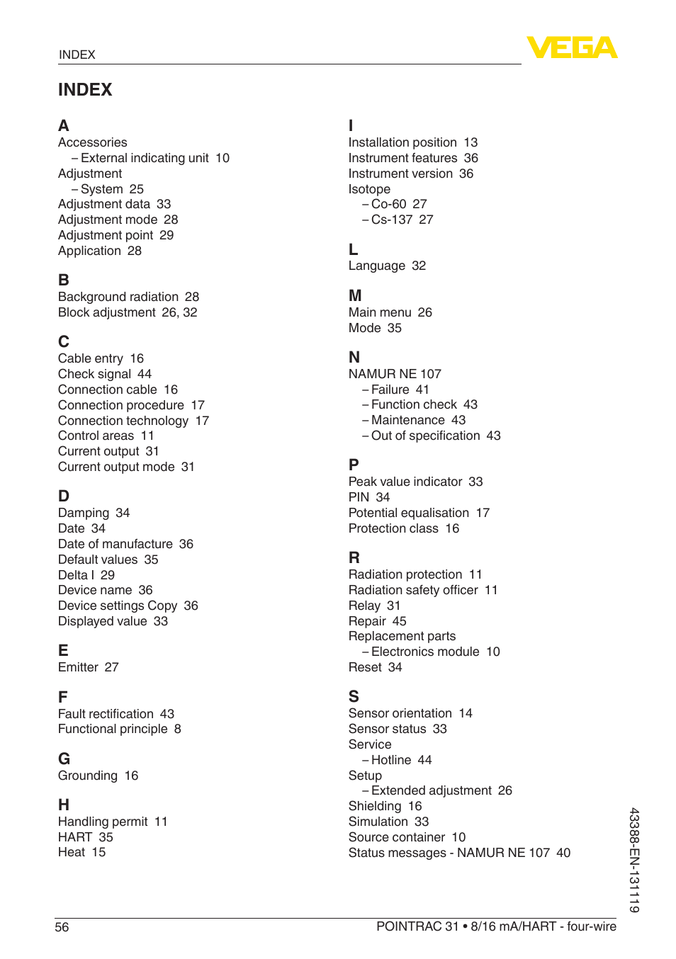 Index | VEGA POINTRAC 31 8_16 mA_HART - four-wire With SIL qualification User Manual | Page 56 / 60