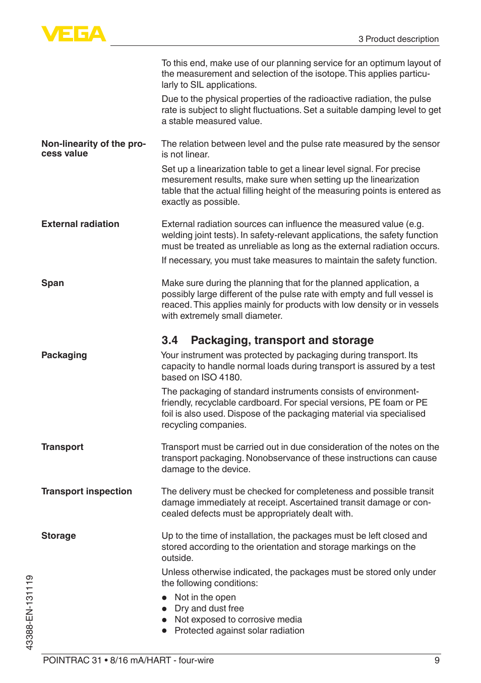 4 packaging, transport and storage | VEGA POINTRAC 31 8_16 mA_HART - four-wire With SIL qualification User Manual | Page 9 / 60