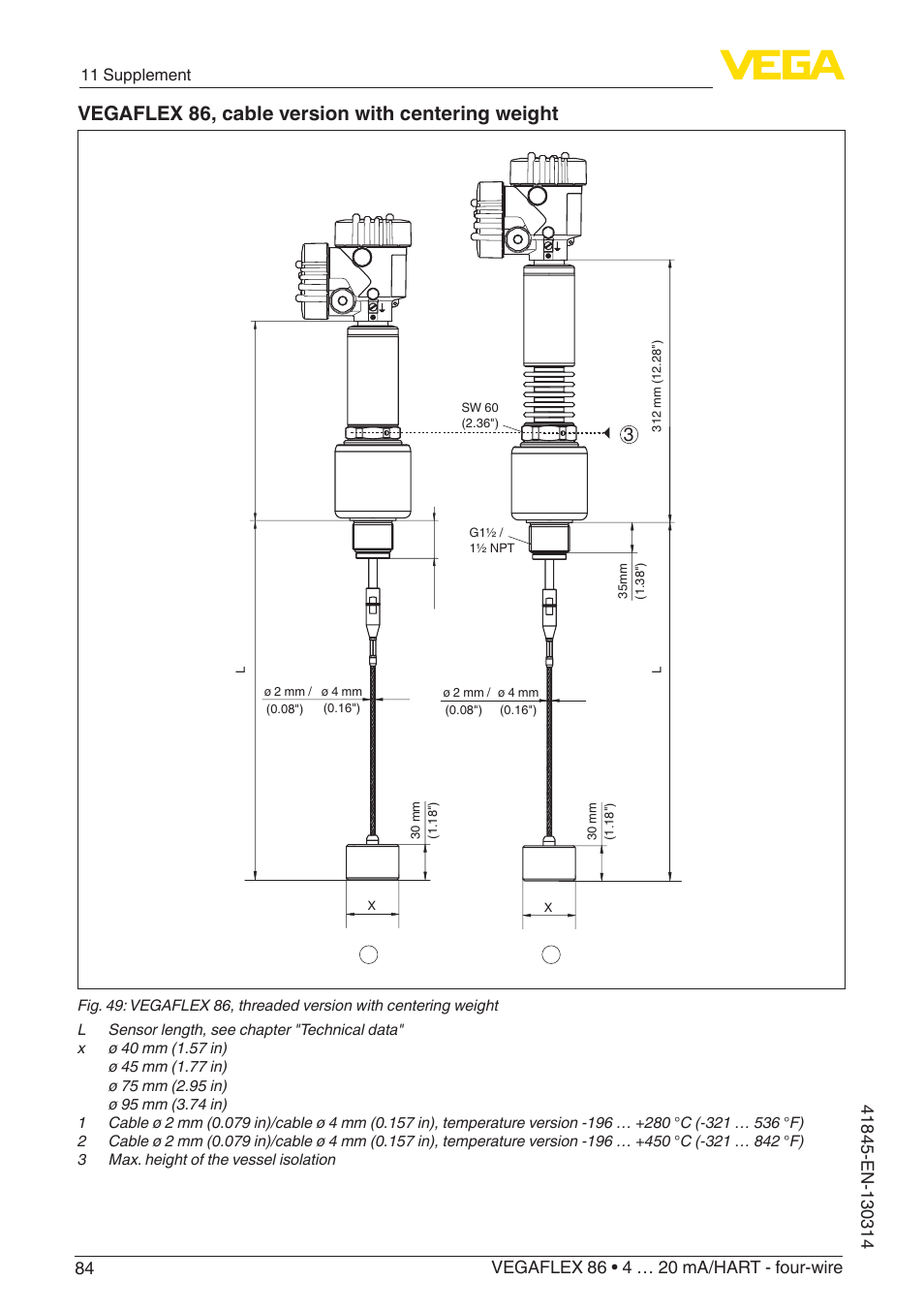 Vegaflex 86, cable version with centering weight | VEGA VEGAFLEX 86 4 … 20 mA_HART - four-wire User Manual | Page 84 / 92