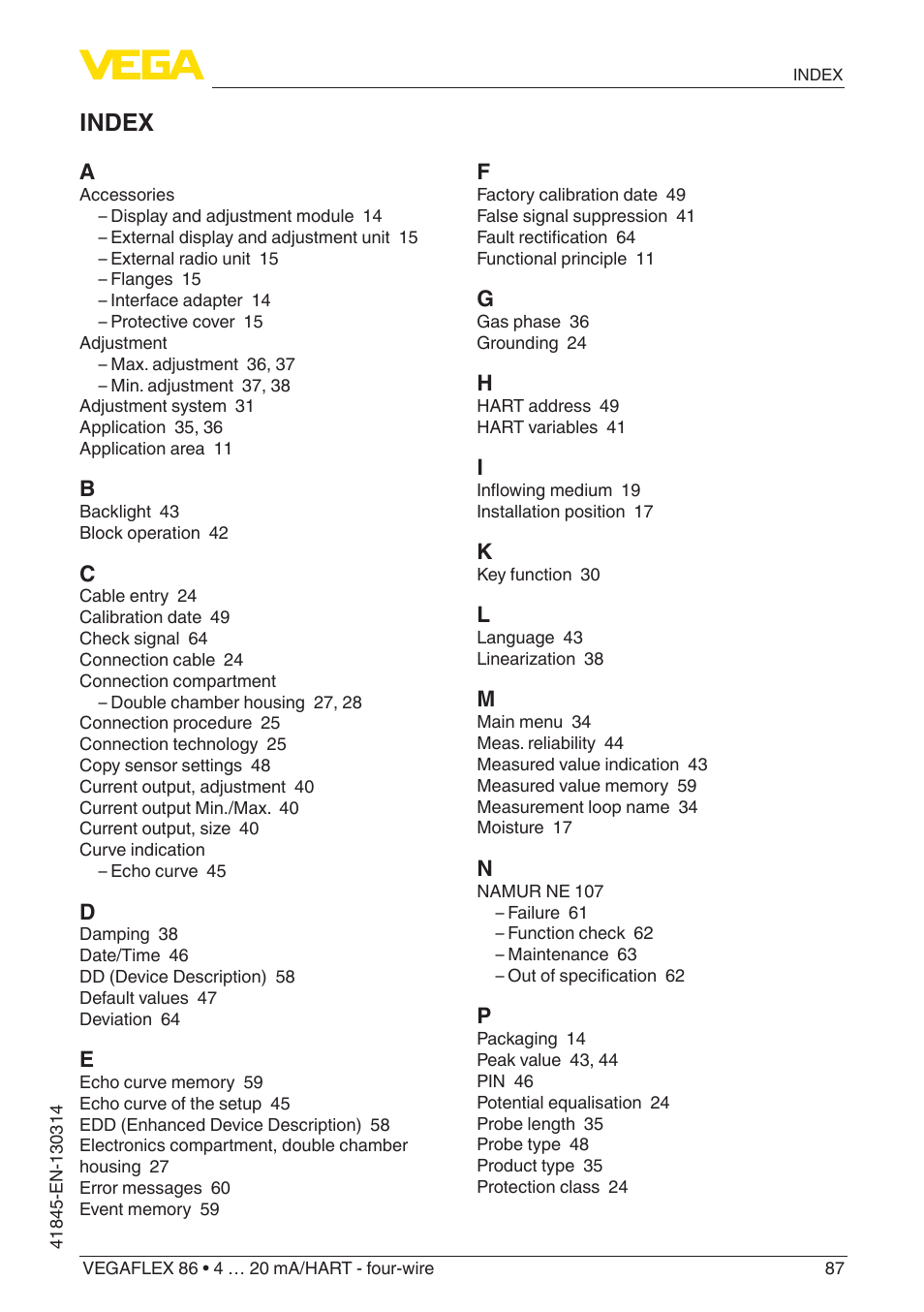 Index | VEGA VEGAFLEX 86 4 … 20 mA_HART - four-wire User Manual | Page 87 / 92