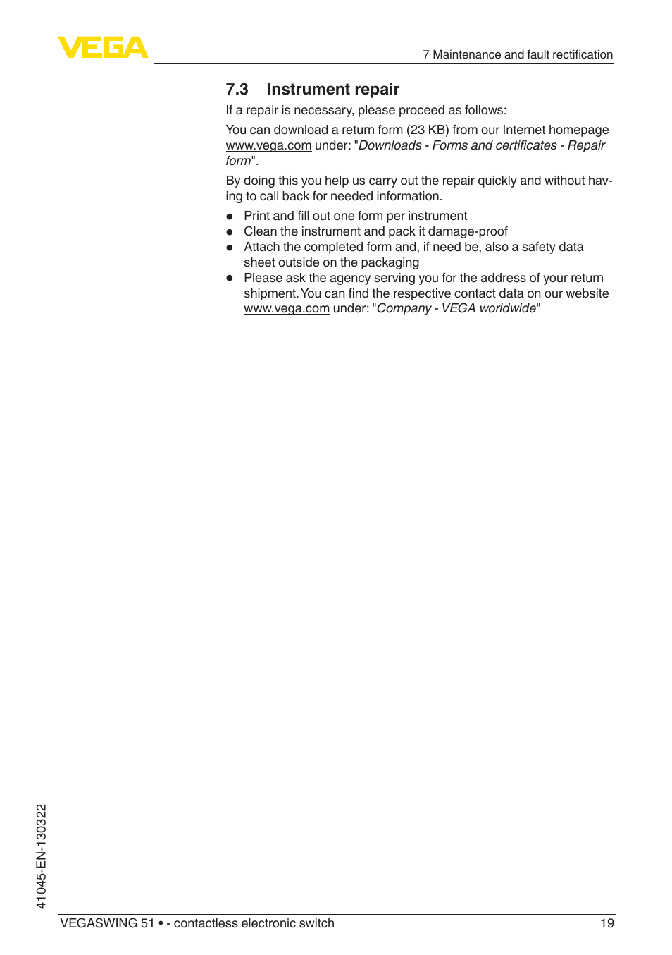 VEGA VEGASWING 51 - contactless electronic switch User Manual | Page 19 / 32