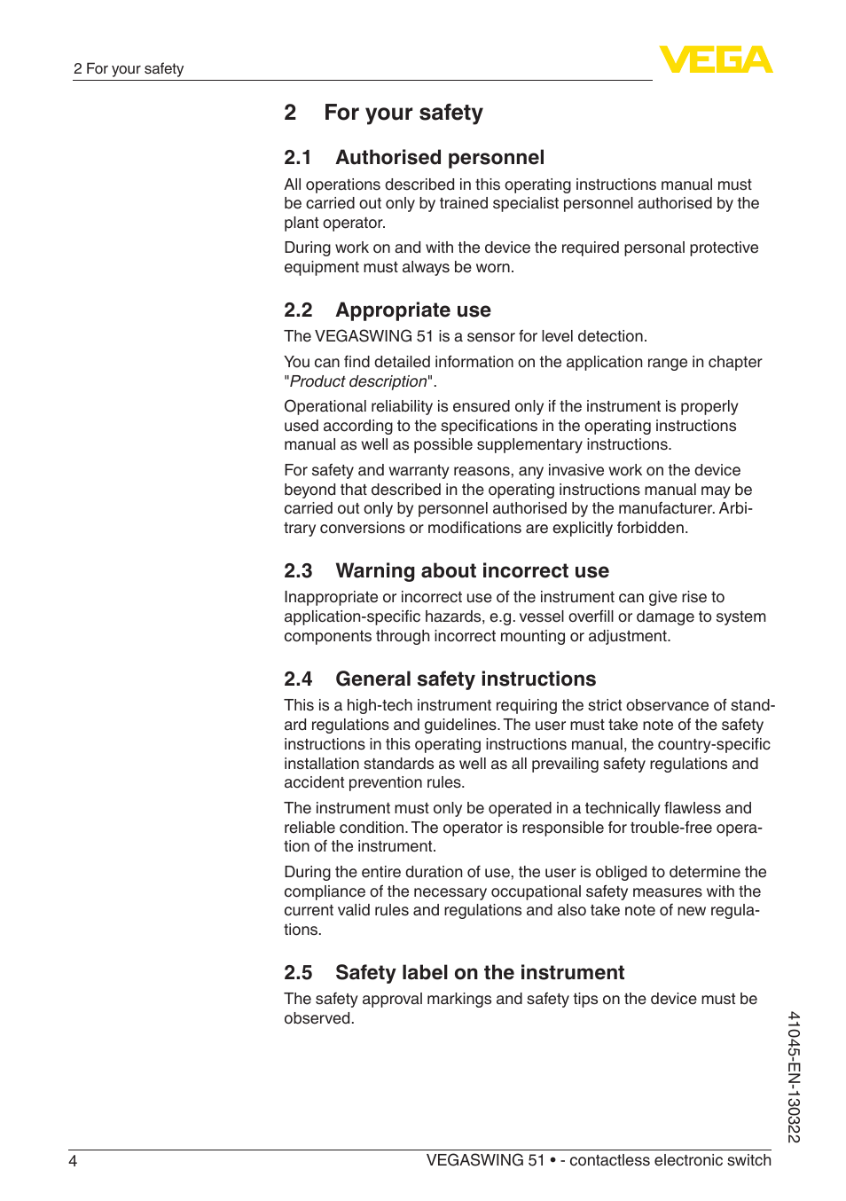 2 for your safety | VEGA VEGASWING 51 - contactless electronic switch User Manual | Page 4 / 32
