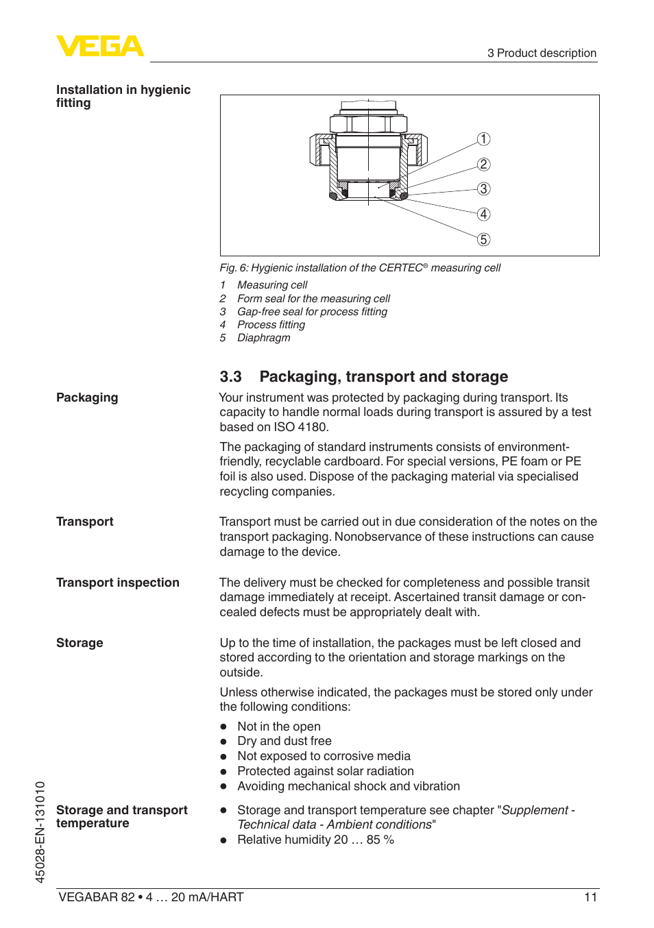 3 packaging, transport and storage | VEGA VEGABAR 82 4 … 20 mA_HART - Operating Instructions User Manual | Page 11 / 88