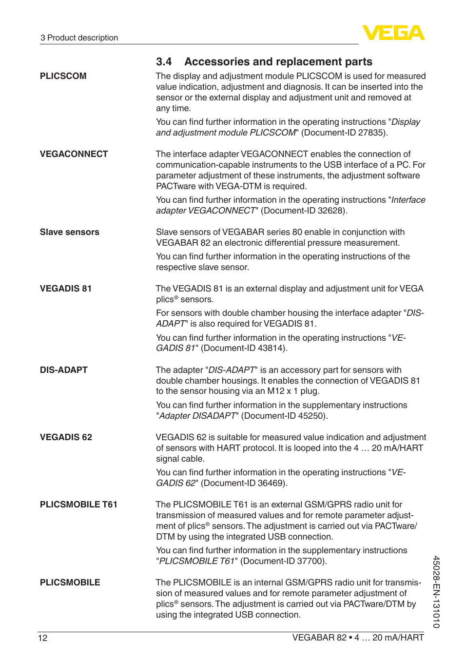 4 accessories and replacement parts | VEGA VEGABAR 82 4 … 20 mA_HART - Operating Instructions User Manual | Page 12 / 88