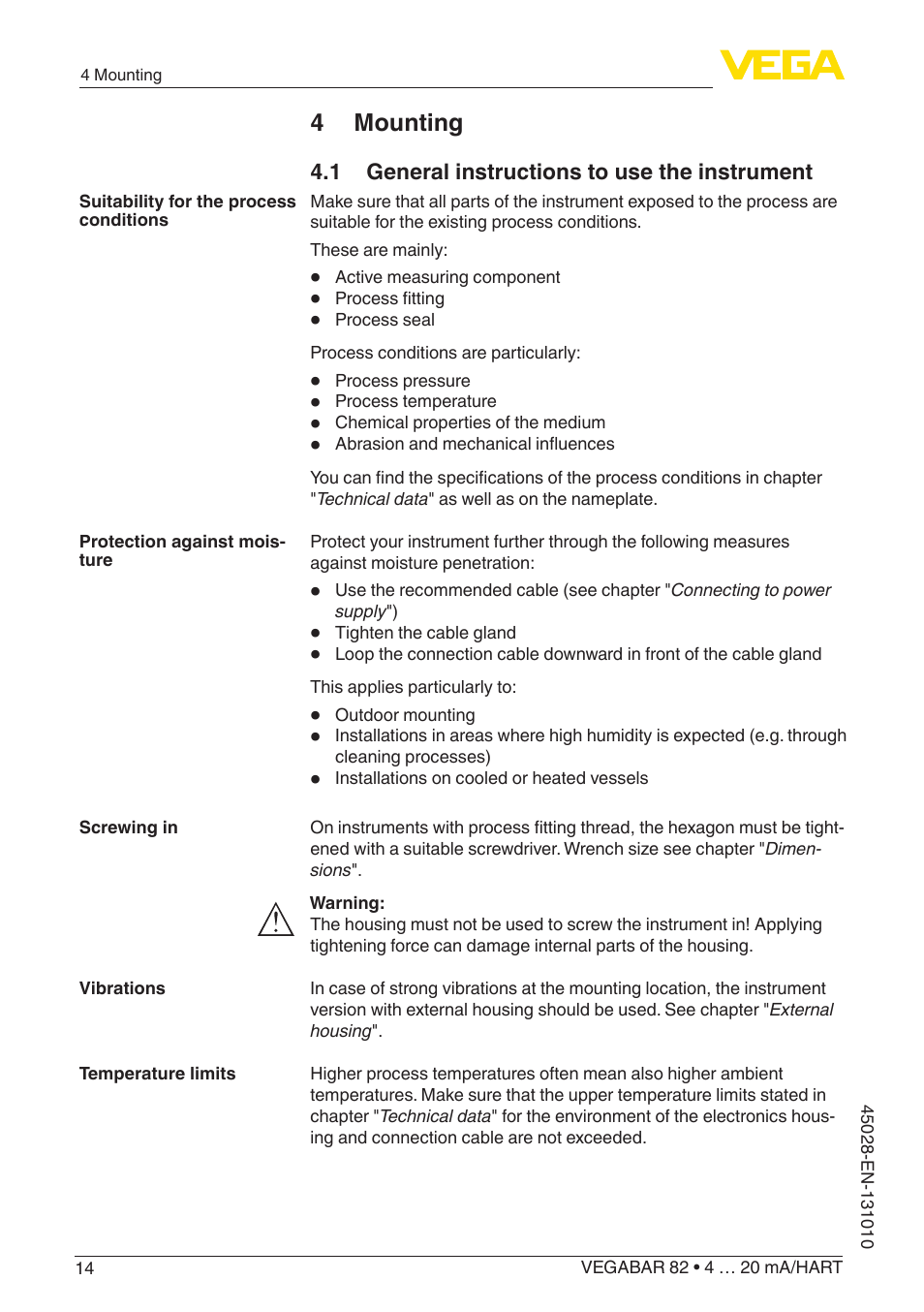 4 mounting, 1 general instructions to use the instrument | VEGA VEGABAR 82 4 … 20 mA_HART - Operating Instructions User Manual | Page 14 / 88