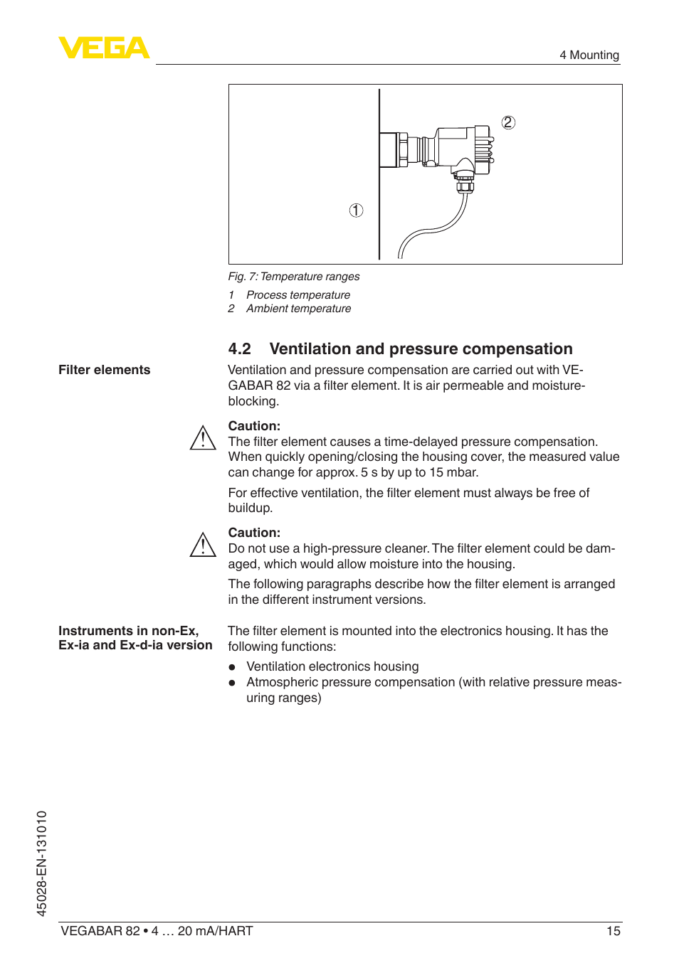 2 ventilation and pressure compensation | VEGA VEGABAR 82 4 … 20 mA_HART - Operating Instructions User Manual | Page 15 / 88