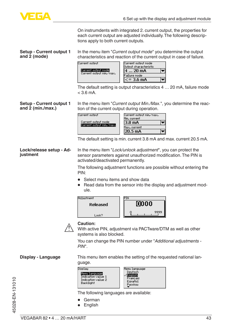 VEGA VEGABAR 82 4 … 20 mA_HART - Operating Instructions User Manual | Page 43 / 88