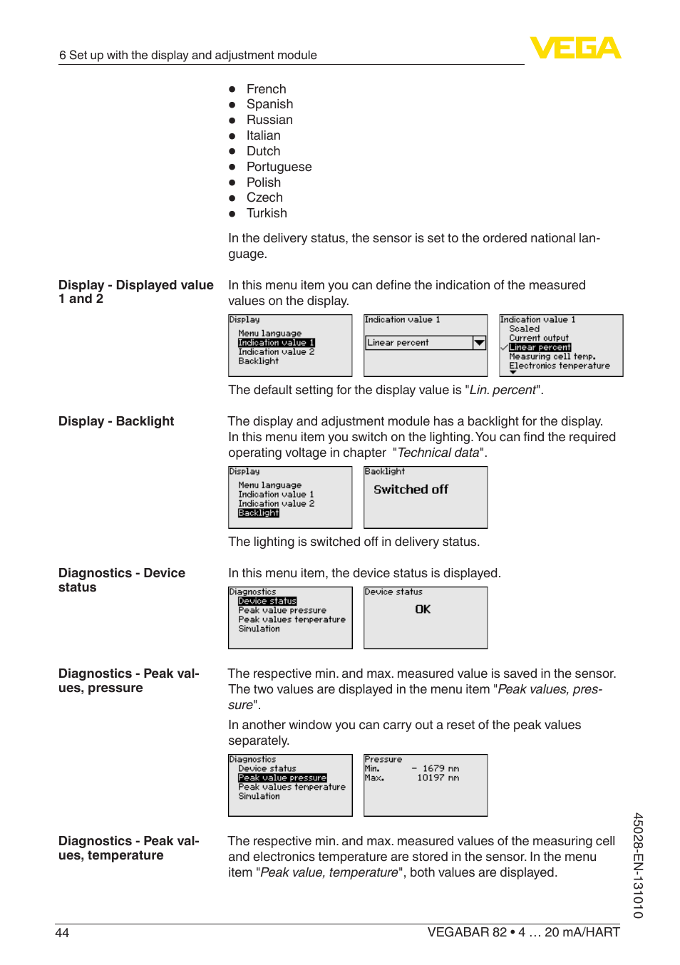 VEGA VEGABAR 82 4 … 20 mA_HART - Operating Instructions User Manual | Page 44 / 88