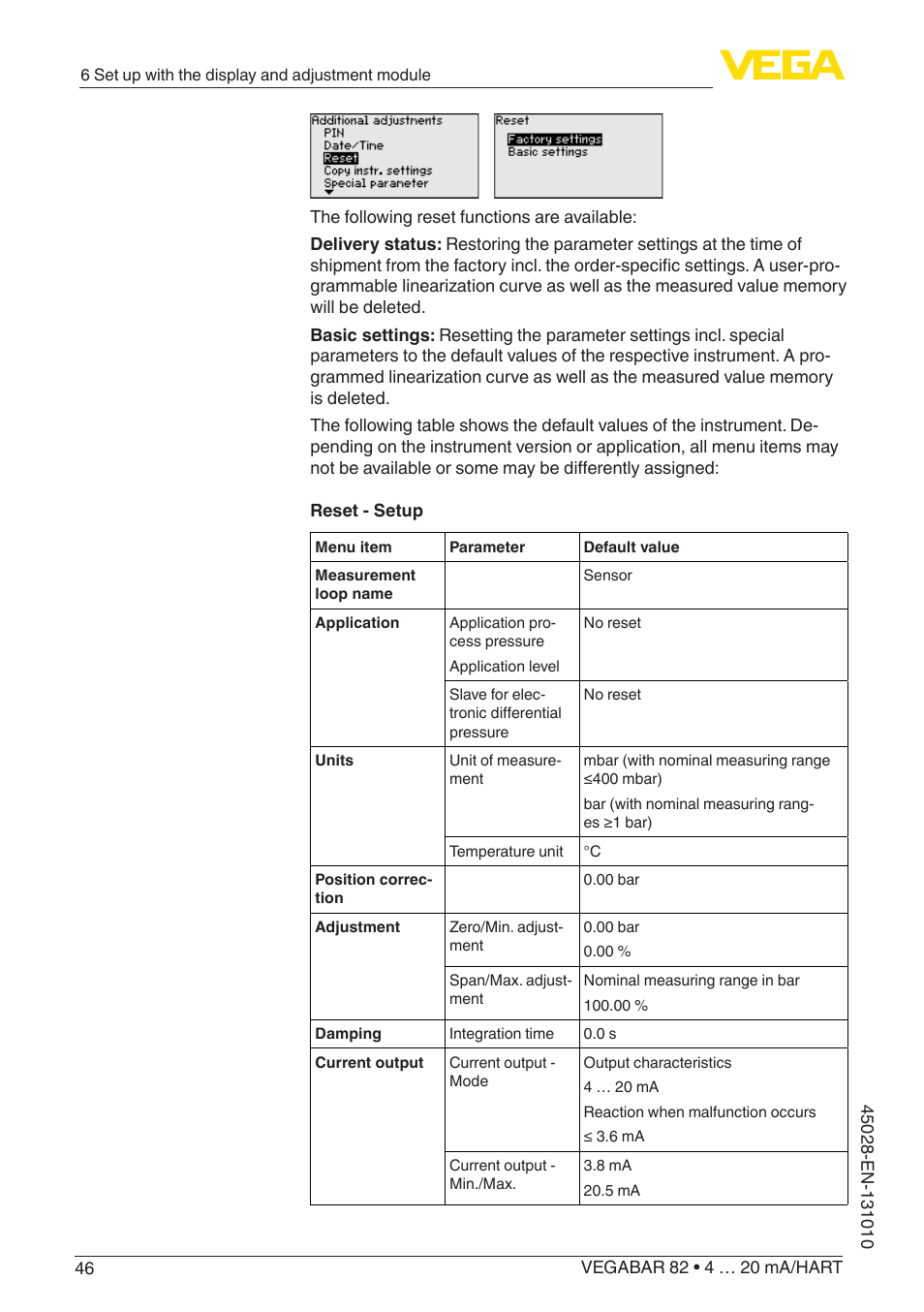 VEGA VEGABAR 82 4 … 20 mA_HART - Operating Instructions User Manual | Page 46 / 88