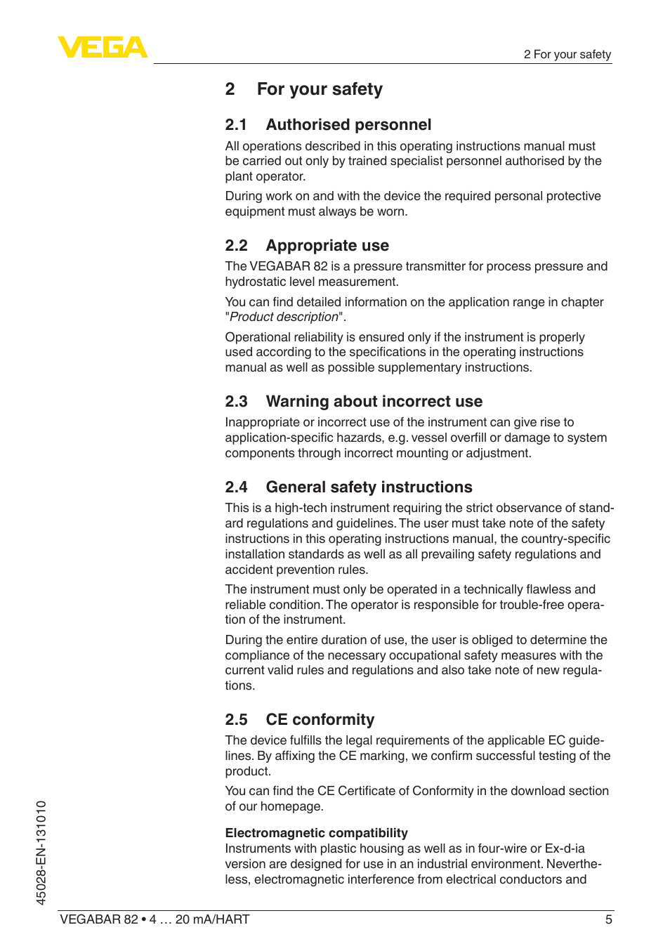 2 for your safety, 1 authorised personnel, 2 appropriate use | 3 warning about incorrect use, 4 general safety instructions, 5 ce conformity | VEGA VEGABAR 82 4 … 20 mA_HART - Operating Instructions User Manual | Page 5 / 88